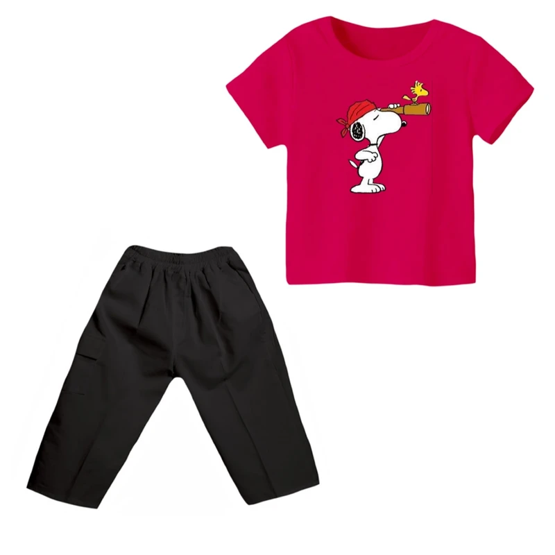 ست تی شرت و شلوارک پسرانه مدل اسنوپی کد ۱۱ رنگ سرخابی