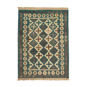 گلیم دستبافت یک و نیم متری مدل قشقایی زمینه سبز کله غازی کد 4040332