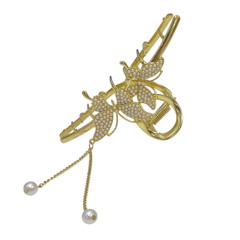 کلیپس مو زنانه مدل فلزی دو پروانه مرواریدی آویزدار کد 2P01