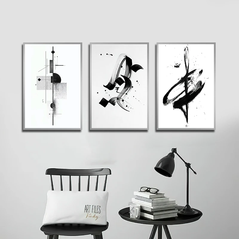 تابلو بکلیت طرح نقاشی خطوط و خطاطی مدل SI-3519 فریم نقره ای مجموعه 3 عددی