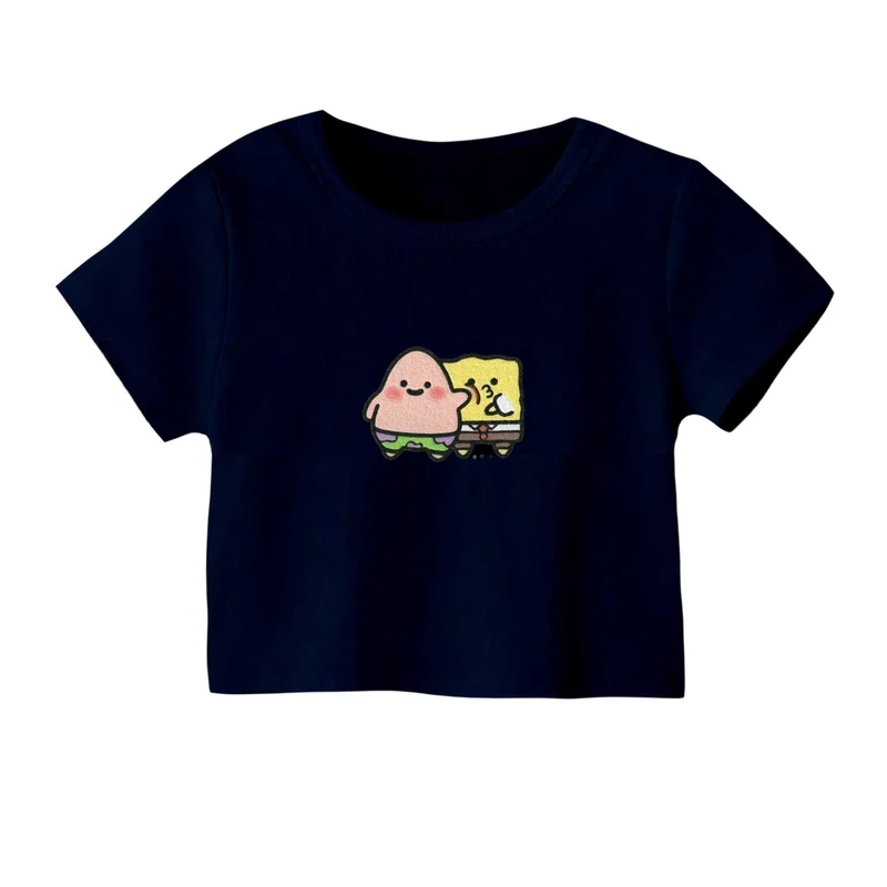 کراپ‌ تی‌شرت آستین کوتاه زنانه مدل باب اسفنجی و پاتریک