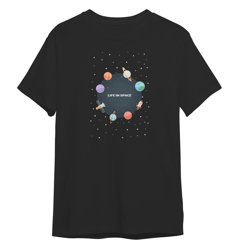تی شرت آستین کوتاه بچگانه مدل زندگی در فضا کد 0489 رنگ مشکی