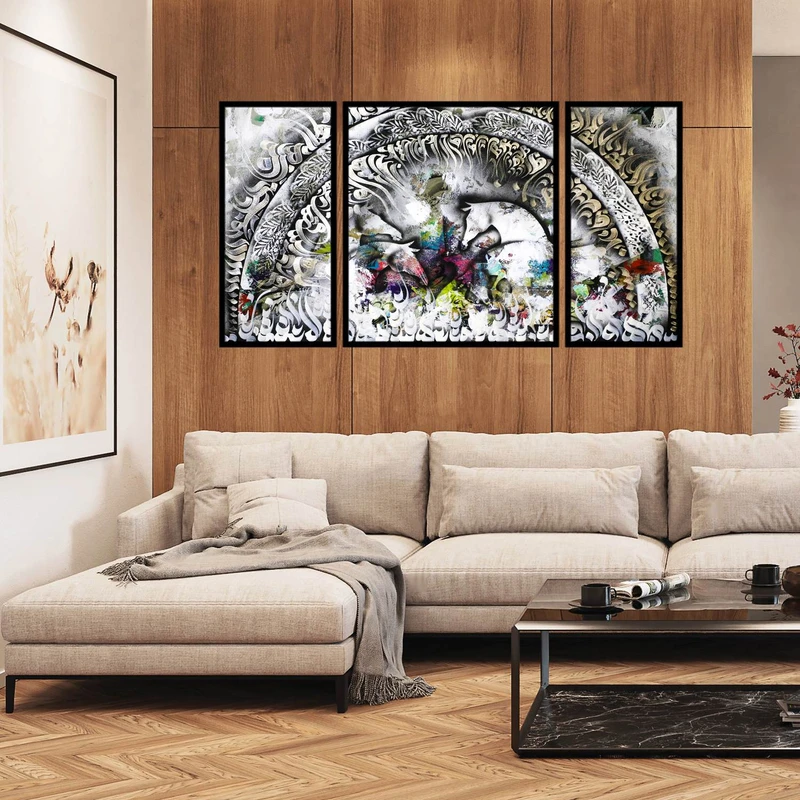 تابلو ساده بکلیت طرح مدرن دیجیتال آرت مدل شاین اکلیلی B-2940 فریم مشکی مجموعه 3 عددی