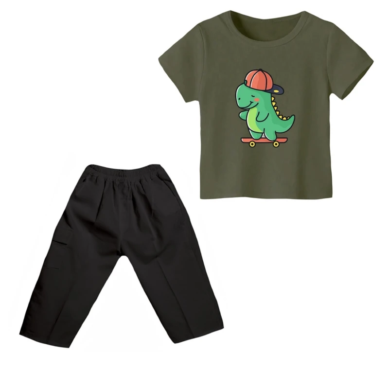 ست تی شرت و شلوارک پسرانه مدل دایناسور کد ۹ رنگ سبز