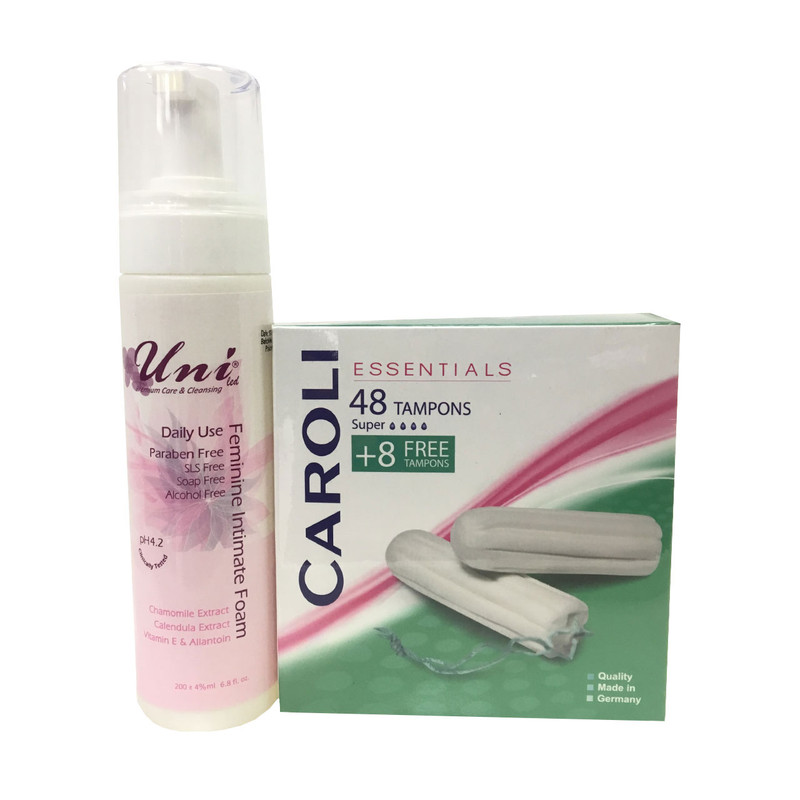 تامپون کرولی ( تامپکس ) مدل Super بسته 56 عددی  به‌همراه (هدیه ) فوم پاک کننده بهداشتی بانوان یونی لد مدل Feminine  حجم 200 میلی لیتر