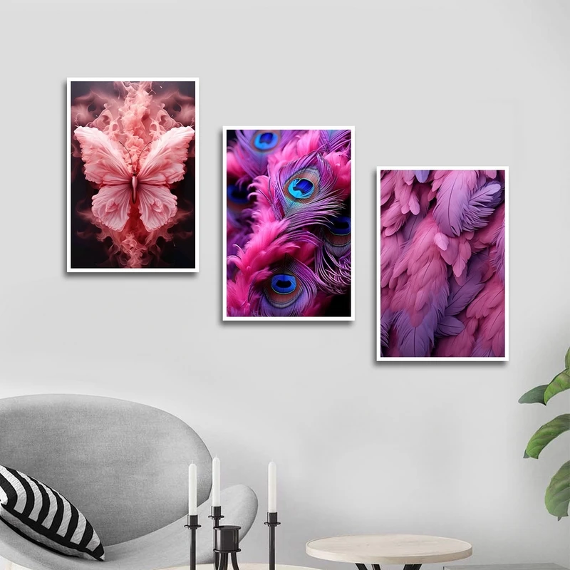 تابلو بکلیت طرح پر طاووس و پروانه مدل W-2746 مجموعه 3 عددی