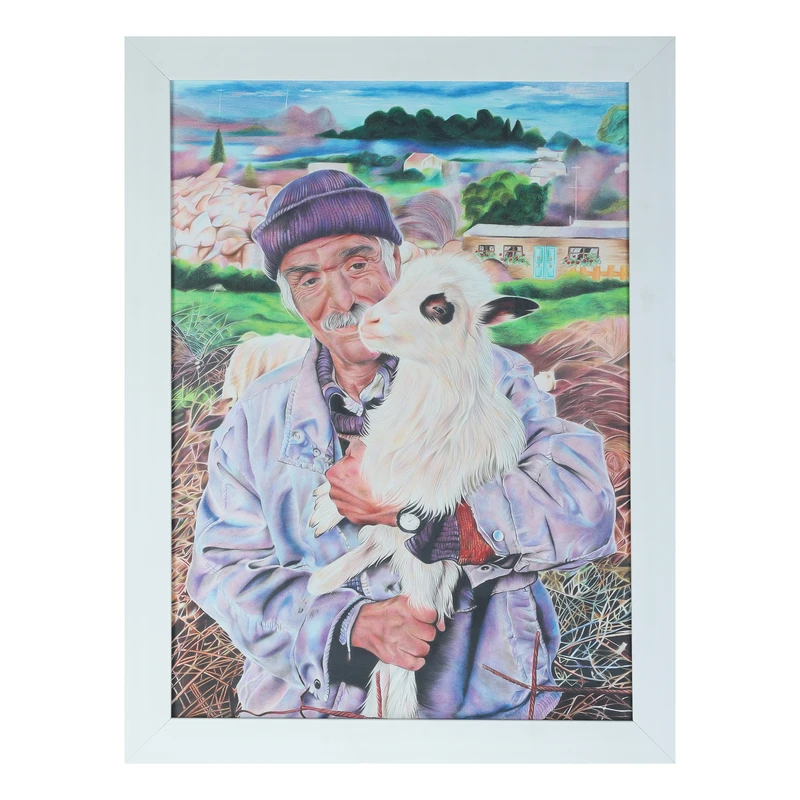 تابلو نقاشی مدادرنگی به سبک رئالیسم مدل پیرمرد و بره