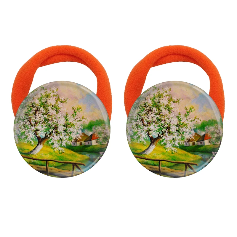 کش مو زنانه مدل نقاشی رنگ روغن چشم انداز بهاری رودخانه پل و جنگل کد 1040 بسته دو عددی