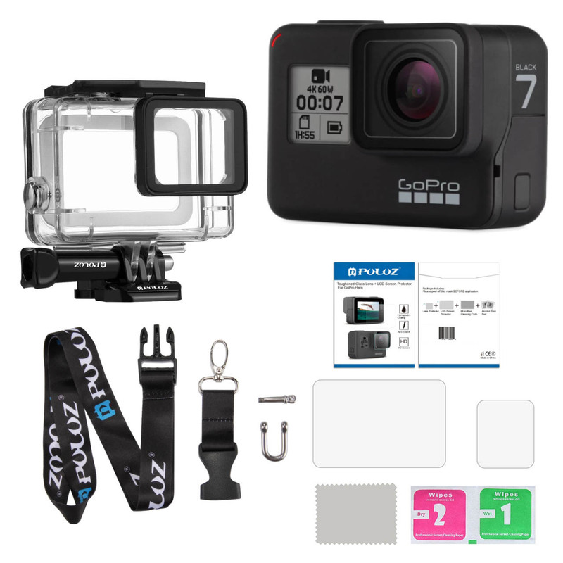 دوربین فیلم برداری ورزشی گوپرو مدل HERO7 Black Quick Stories به همراه قاب ضد آب و بندآویز و محفظ صفحه و لنز پلوز