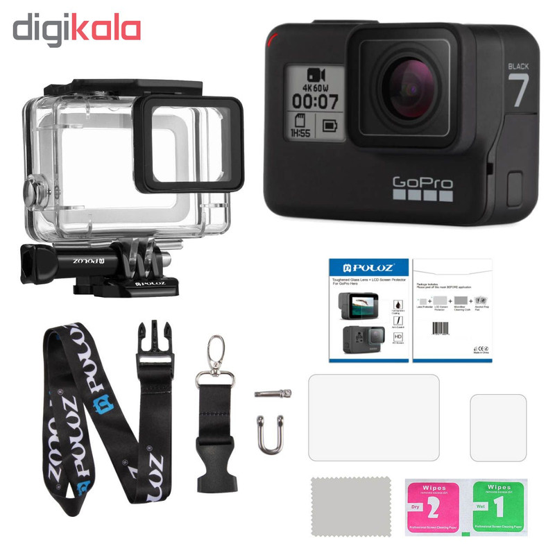 دوربین فیلم برداری ورزشی گوپرو مدل HERO7 Black Quick Stories به همراه قاب ضد آب و بندآویز و محفظ صفحه و لنز پلوز