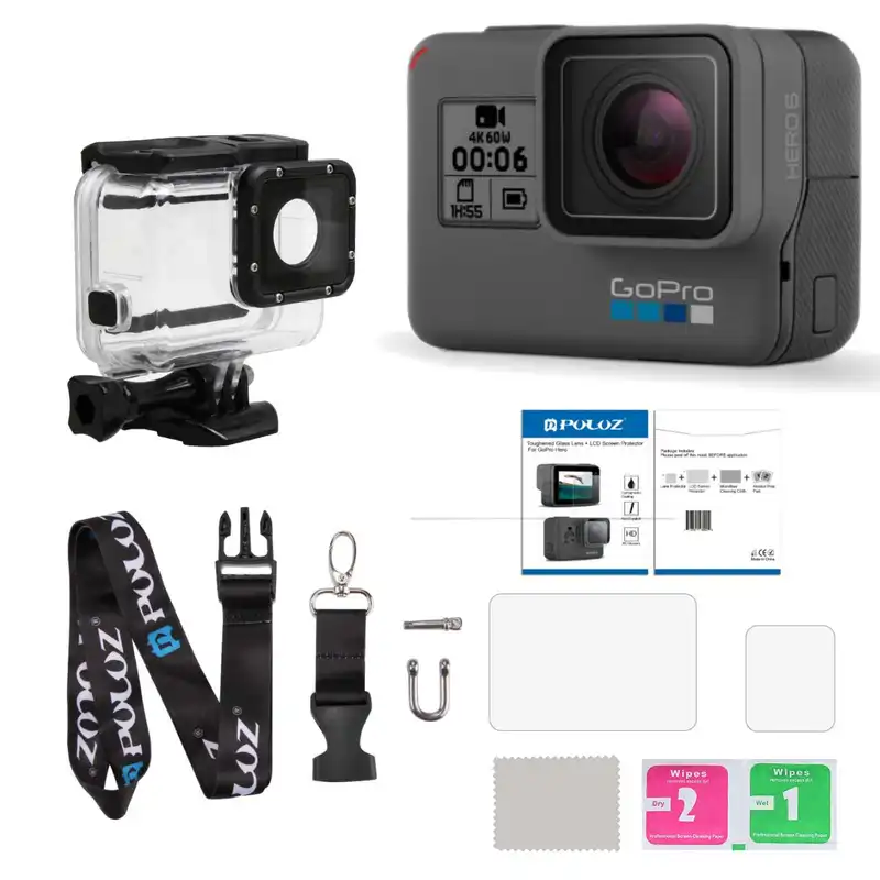 دوربین فیلم برداری ورزشی گوپرو مدل HERO6 Black Quick Stories به همراه کاور ضد آب لمسی و بندآویز و محفظ صفحه و لنز پلوز