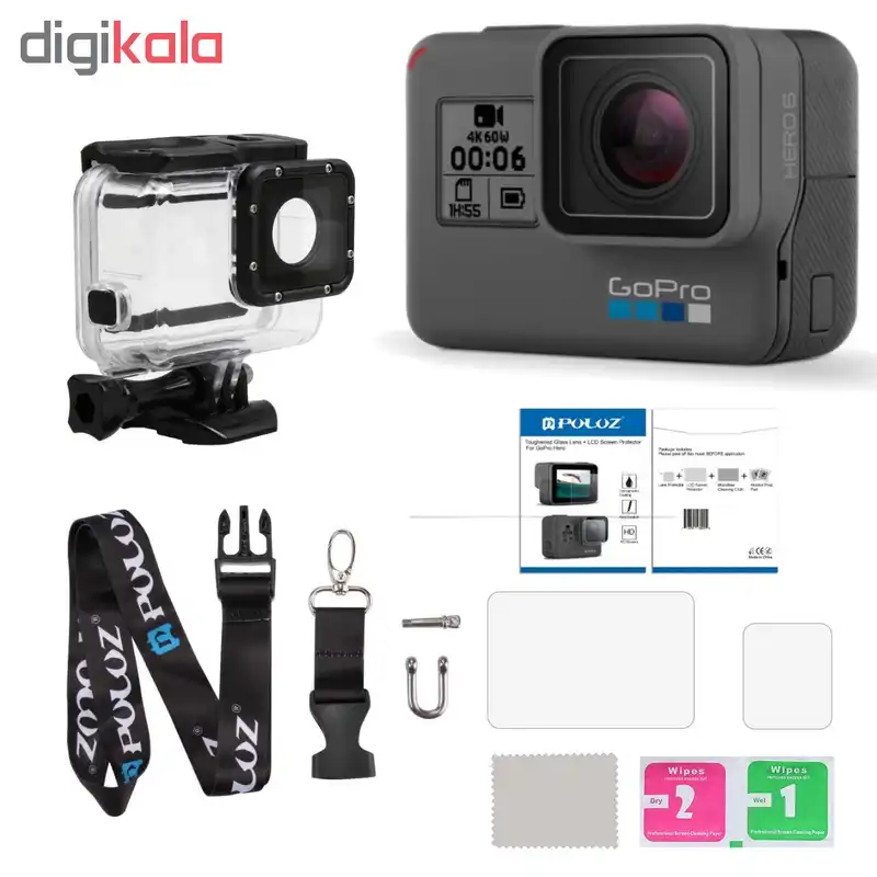 دوربین فیلم برداری ورزشی گوپرو مدل HERO6 Black Quick Stories به همراه کاور ضد آب لمسی و بندآویز و محفظ صفحه و لنز پلوز
