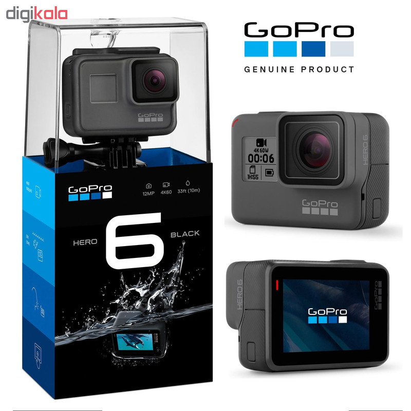 دوربین فیلم برداری ورزشی گوپرو مدل HERO6 Black Quick Stories به همراه کاور ضد آب لمسی و بندآویز و محفظ صفحه و لنز پلوز