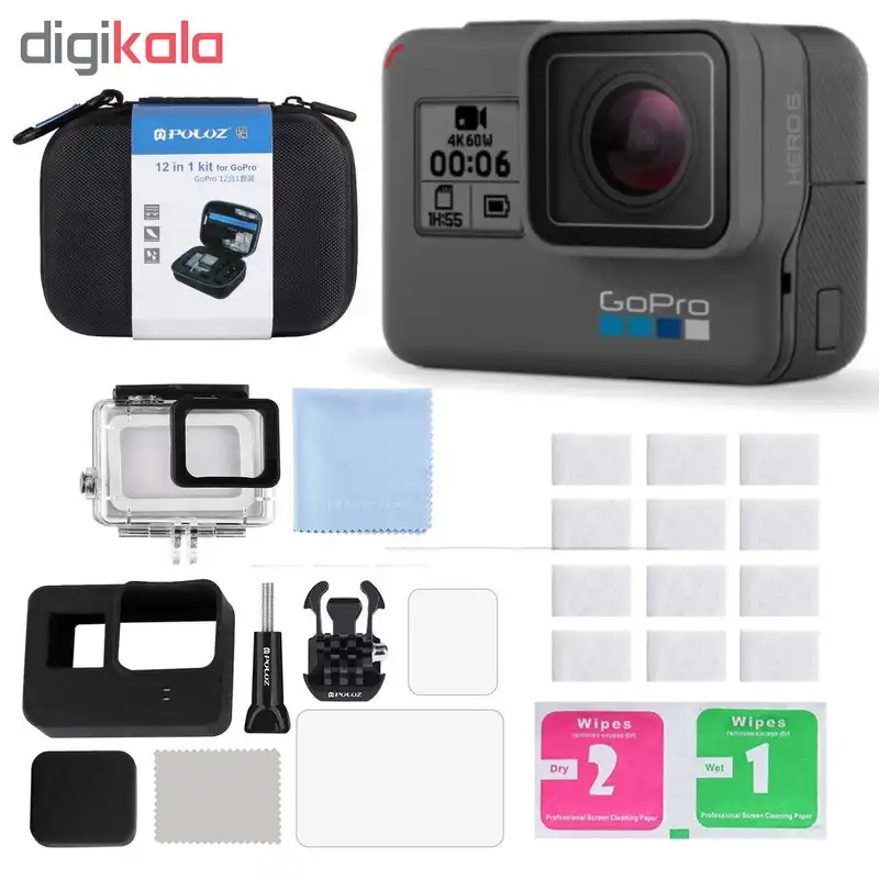 دوربین فیلم برداری ورزشی گوپرو مدل HERO6 Black Quick Stories به همراه کیف لوازم جانبی پلوز 12 تکه پلوز