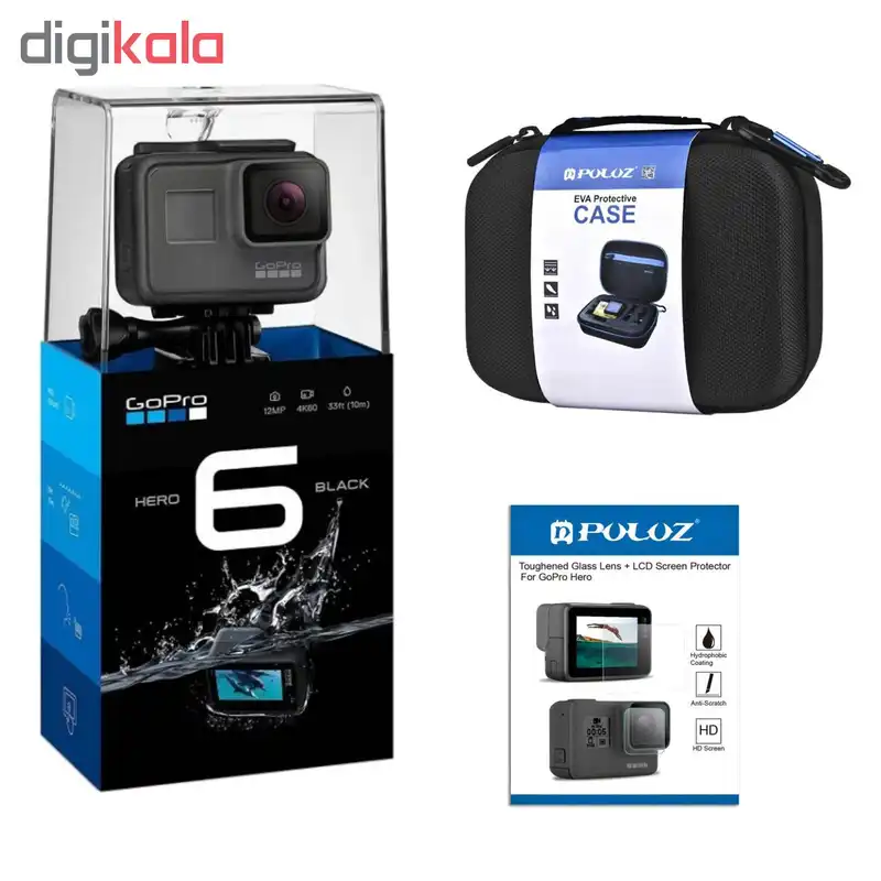 دوربین فیلم برداری ورزشی گوپرو مدل HERO 6 Black همراه با کیف و برچسب محافظ صفحه پلوز