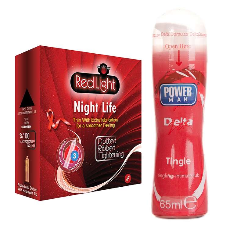 کاندوم ردلایت مدل Night Life بسته 3 عددی به همراه ژل پاورمن مدل Tingle حجم 65 میلی لیتر