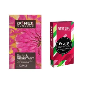 کاندوم بونکس مدل Safe & Resistant بسته 12 عددیبه همراه کاندوم بست لایف مدل Fruity بسته 12 عددی