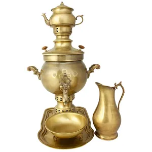  سرویس سماور ذغالی 5 پارچه برنجی مدل آنتیک