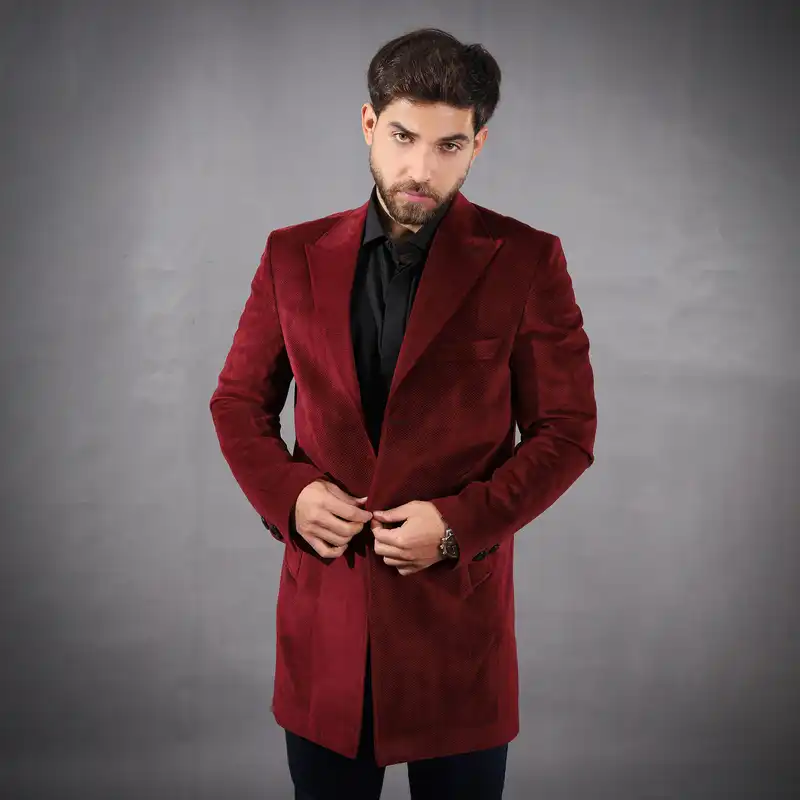 پالتو مردانه مدل مخمل جودون یقه بلیزر رنگ قرمز