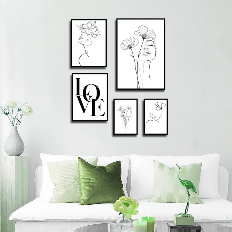 تابلو بکلیت طرح نقاشی مینیمال چهره مدل B-3938 فریم مشکی مجموعه 5 عددی