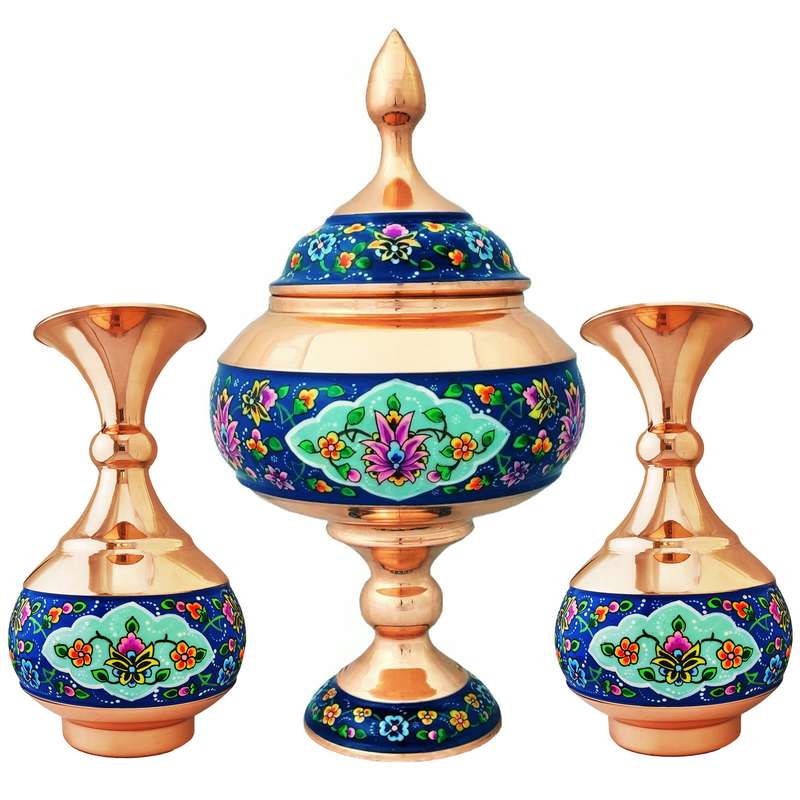 ست 3 تکه گلدان و شکلات خوری مسی طرح پرداز کد shall25