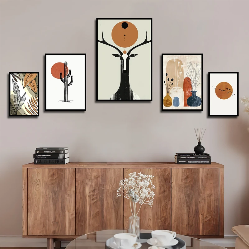 تابلو ساده بکلیت طرح نقاشی مینیمال مدل B-3206 فریم مشکی مجموعه 5 عددی