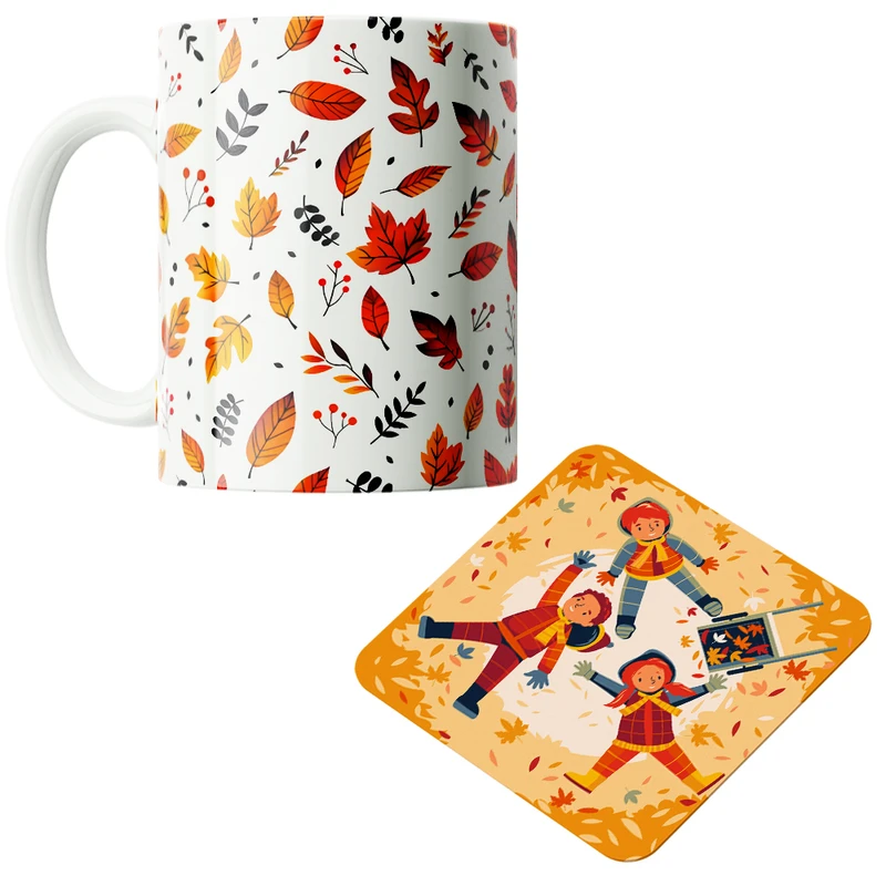 ماگ پاد آفرین مدل فصل پاییز برگ پاییزی خزان کد PZ537 به همراه زیرلیوانی