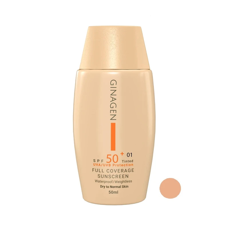 کرم ضد آفتاب رنگی ژیناژن، SPF 50، مدل 01، ‌مناسب پوست‌های خشک و نرمال با تنالیته متوسط و حجم 50 میلی‌لیتر، ضد آب، فاقد پارابن، محافظت‌کننده در برابر اشعه‌های UVA و UVB، ارای فرمولاسیون بدون الکل و گلیسیرین غنی شده با ویتامین‌ E، با ماندگاری 4 ساعته