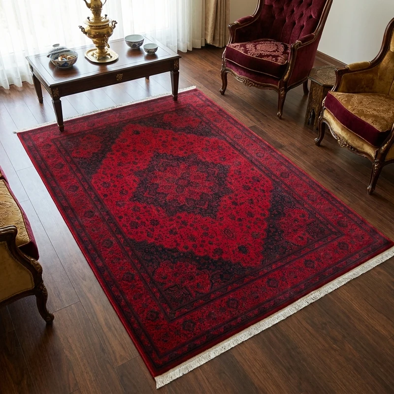 فرش ماشینی 1200 شانه فرش آرمانی زمینه لاکی حاشیه لاکی مدل 1257