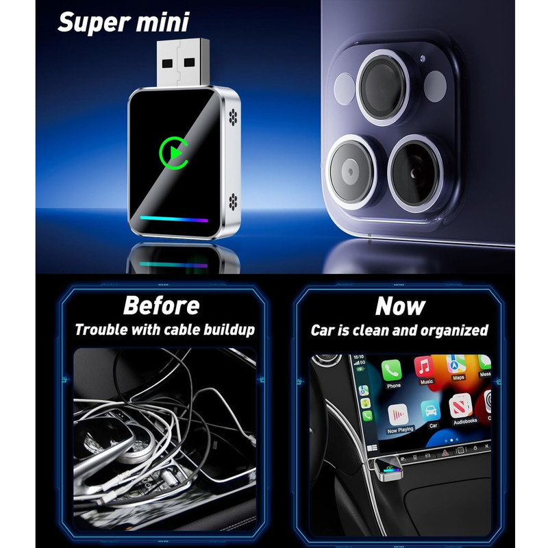 کارپلی و اندروید اتو مدل Wireless CarPlay/Android Auto Q1JS به همراه مبدل USB به USB-C