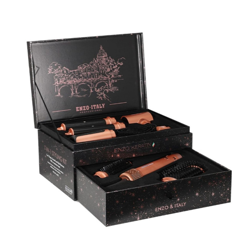 سشوار برس‌دار حالت‌دهنده انزو پروفیشینال مدل EN-6603 1500 وات، موتور BLDC، تنظیم دما و سرعت در 3 حالت، فناوری ionic و ceramic keratin، دارای 7 سری حرفه‌ای، کابل چرخان 360 درجه، کیف ضدضربه