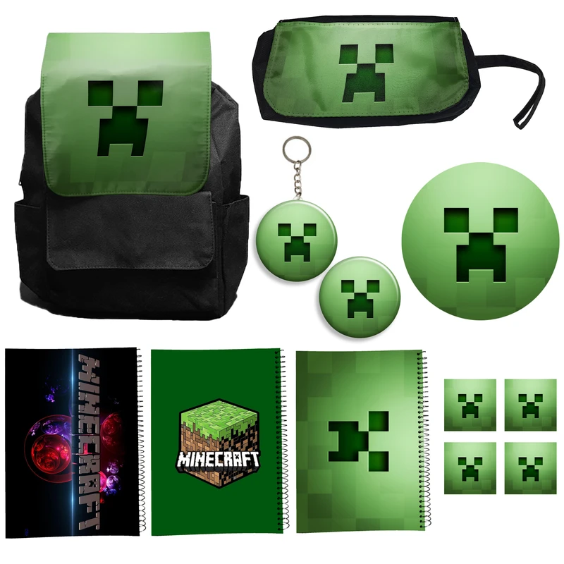 کوله پشتی طرح ماینکرفت کد Minecraft A7 به همراه دفتر مشق و جامدادی و زیر لیوانی و جاکلیدی مجموعه 12 عددی