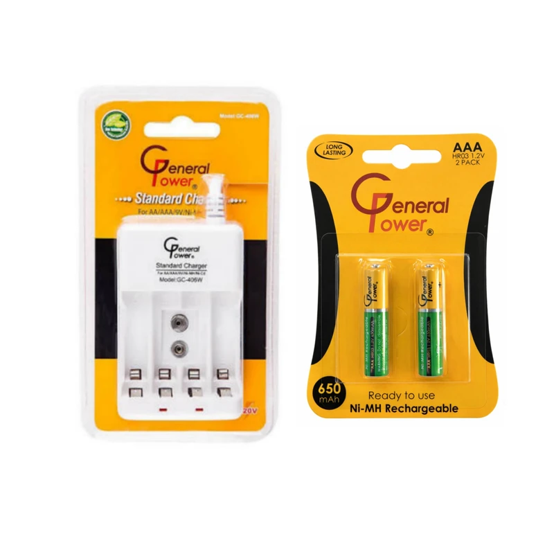 شارژر باتری جنرال پاور مدل GC-406w به همراه باتری نیم قلمی قابل شارژ بسته دو عدی