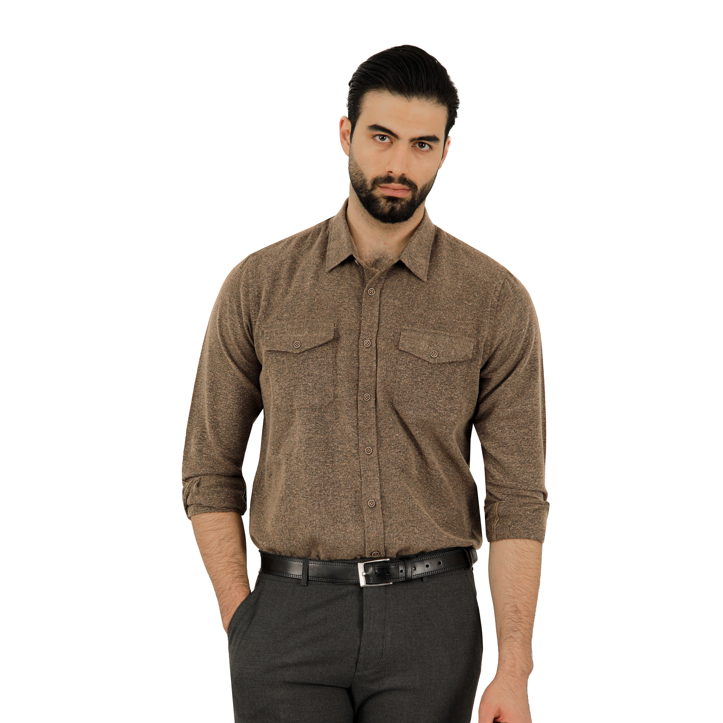 پیراهن آستین بلند مردانه پاتن جامه مدل پشمی 402721020209469 رنگ قهوه ای