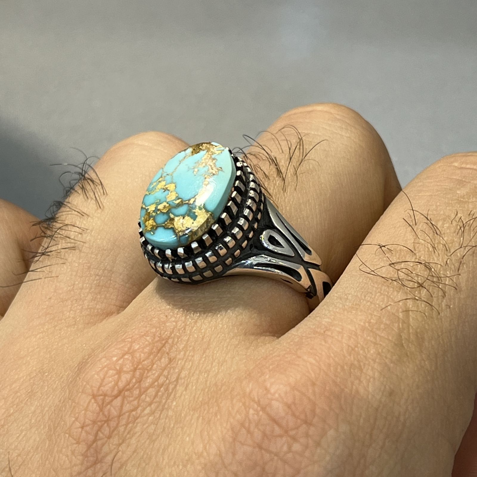 انگشتر نقره مردانه مدل هزار چنگ دستساز فیروزه نیشابوری کد 1 5-45 -  - 7