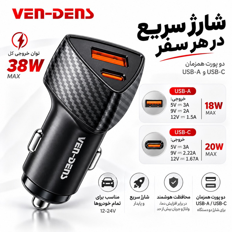 خرید و قیمت شارژر فندکی 38 وات دو پورت وندنز مدل CC021