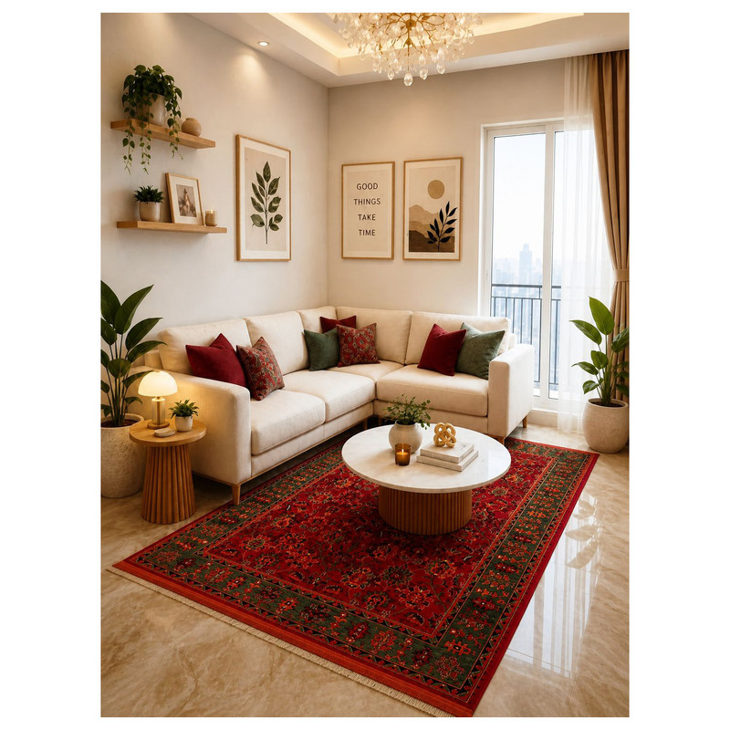 فرش ماشینی 500 شانه  فرش ابریشمی کایان زمینه لاکی حاشیه سبز مدل 500215