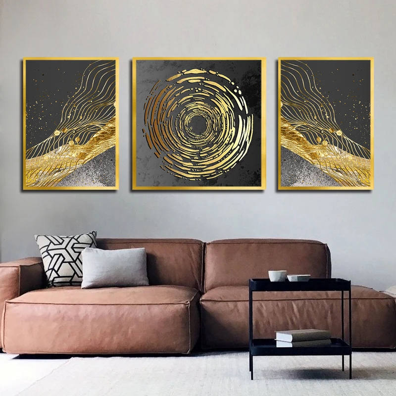 تابلو بکلیت طرح نقاشی انتزاعی خورشید مدل T-3591 فریم طلایی مجموعه 3 عددی