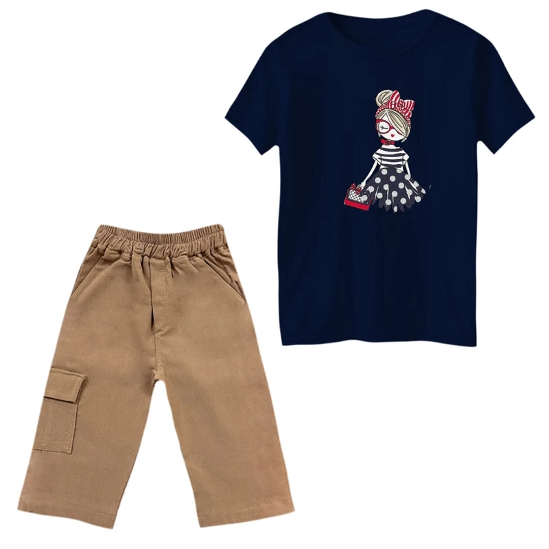 ست تی‌شرت و شلوارک دخترانه مدل دخترک کد 3 رنگ سرمه ای