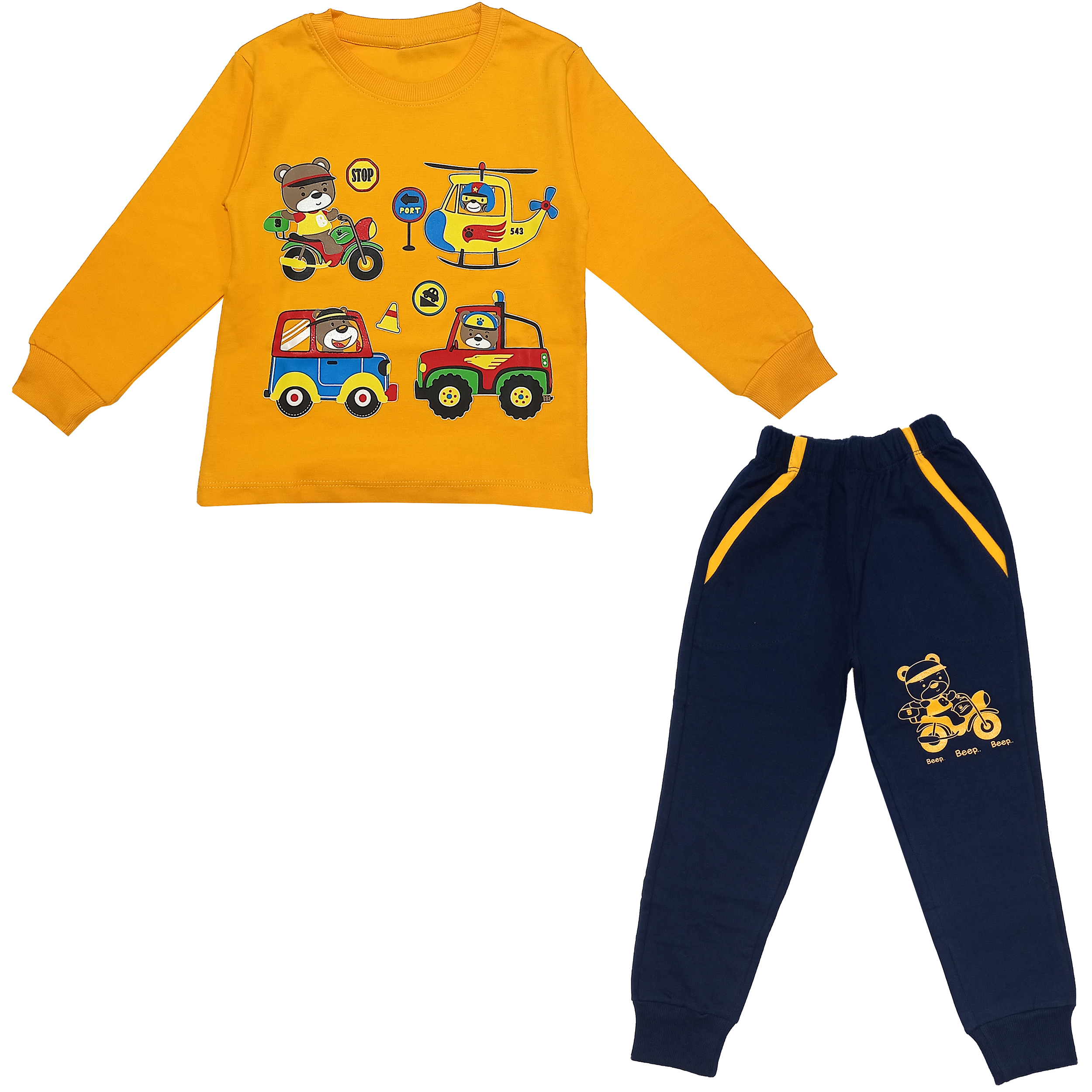 ست تی شرت و شلوار پسرانه مدل خرس و ماشین کد 3480 رنگ زرد