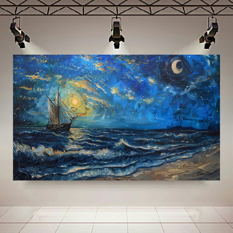 تابلو بوم طرح مخمل ساحل نورانی مدل امواج خروشان کد AR302360