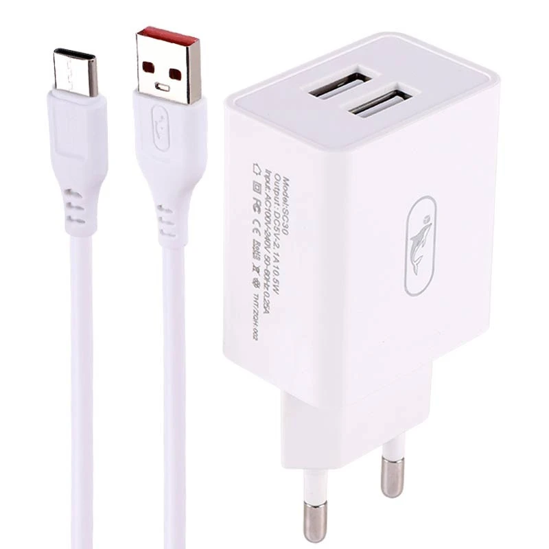 شارژر دیواری 10.5 وات اسکای دلفین مدل sc30t به همراه کابل تبدیل USB-C
