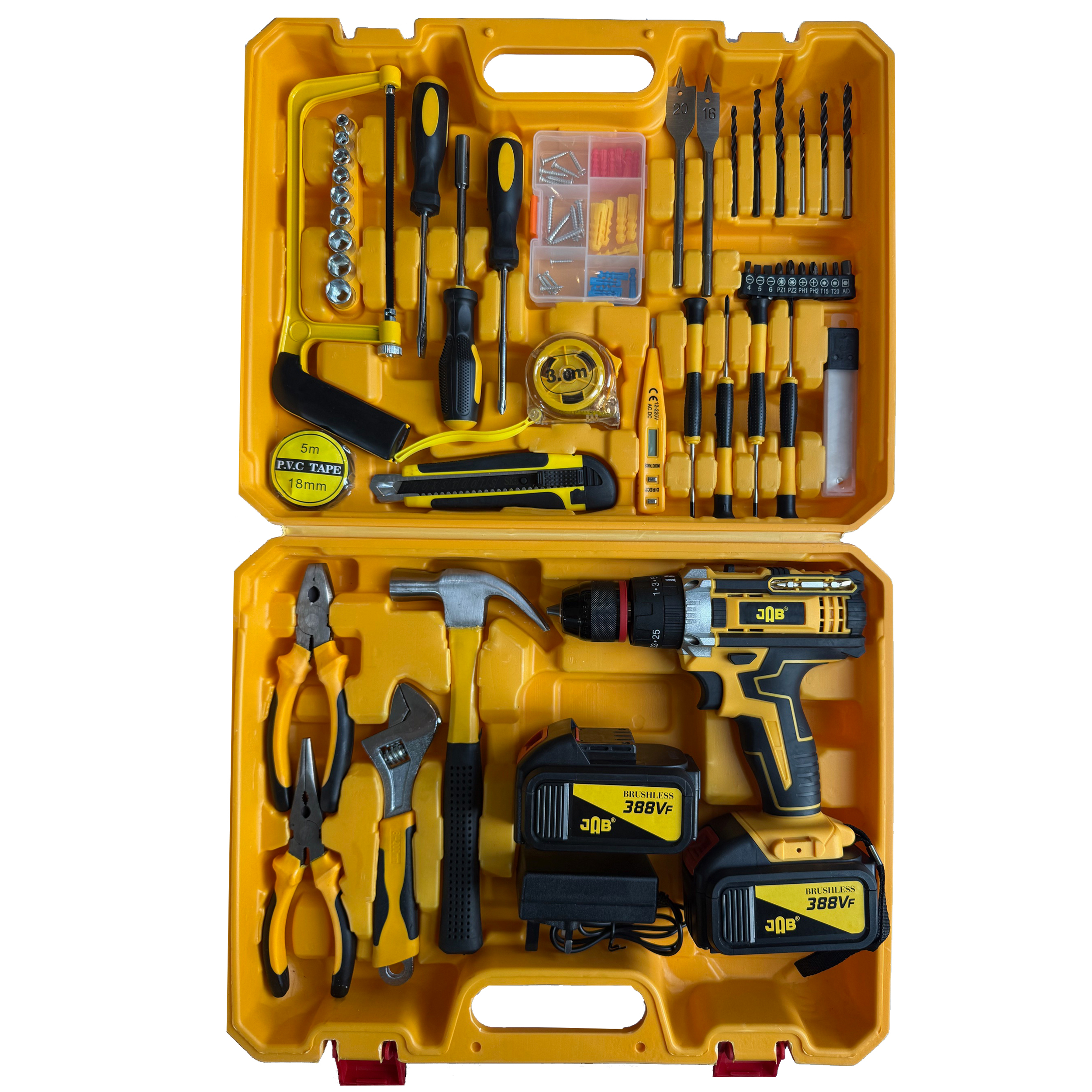 دریل پیچ گوشتی چکشی شارژی سه نظام فلزی 10 میلیمتر 388 ولت جاب مدل JB-388 ELBO مجموعه 199 عددی