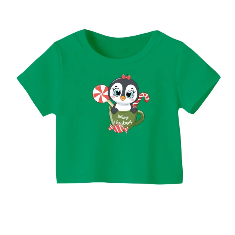 کراپ‌ تی‌شرت آستین کوتاه زنانه مدل پنگوئن کریسمس کد 5