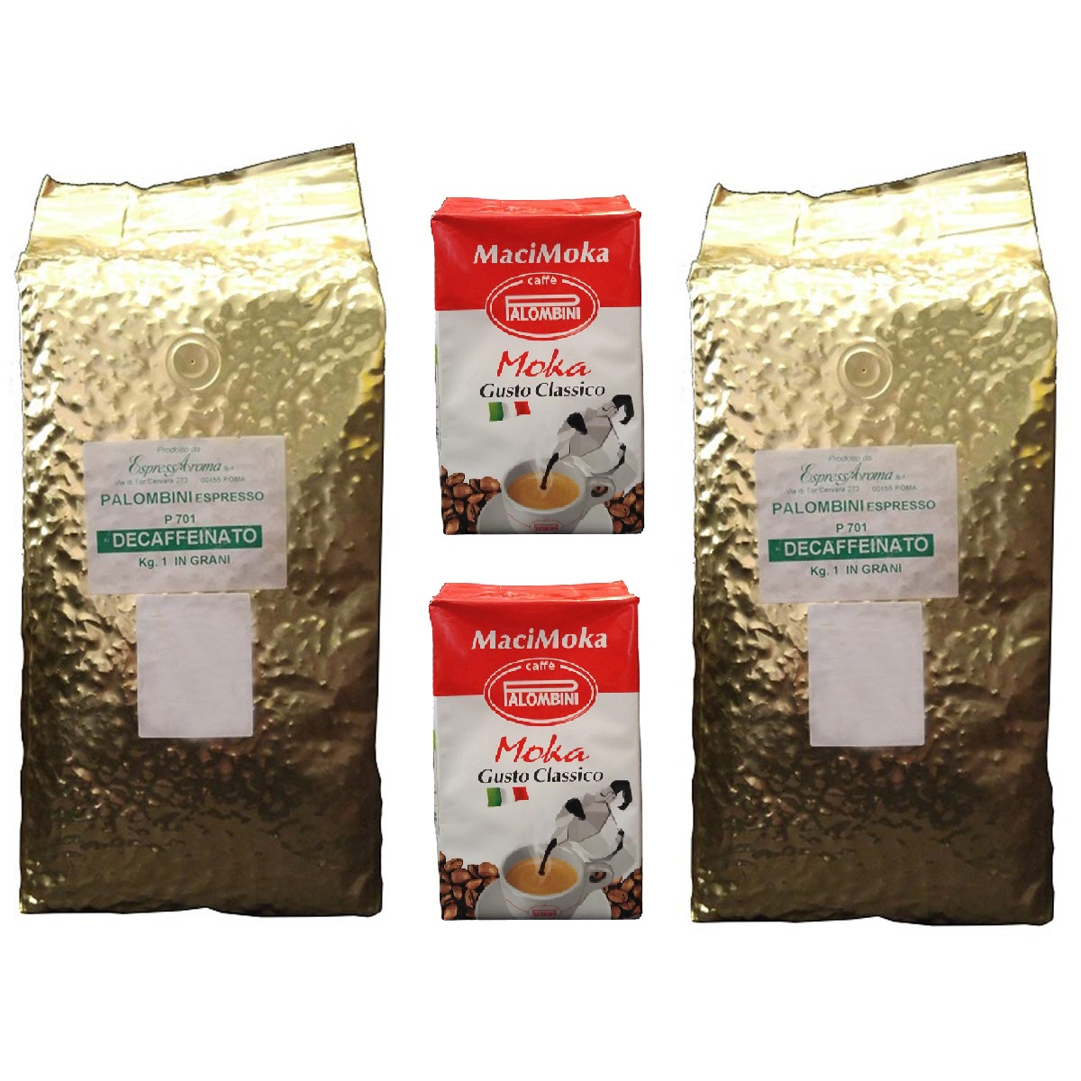 دانه قهوه پالومبینی مدل DECAFFEINATO بسته دو عددی به همراه پودر قهوه مدل MaciMoka بسته دو عددی
