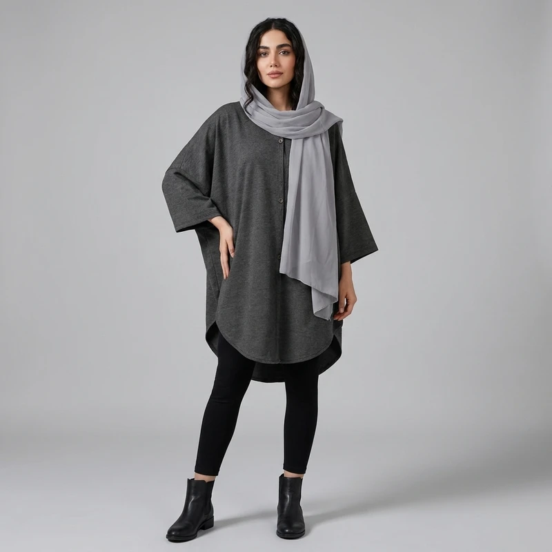 مانتو زنانه آستین سه ربع الیاف مصنوعی قد زیر زانو با دکمه مدل 0685