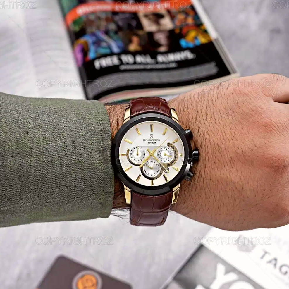 ساعت مچی عقربهای مردانه رومانسون مدل کرنوگراف بند چرمی ساعت مچی عقربهای مردانه رومانسون مدل کرنوگراف بند چرمی