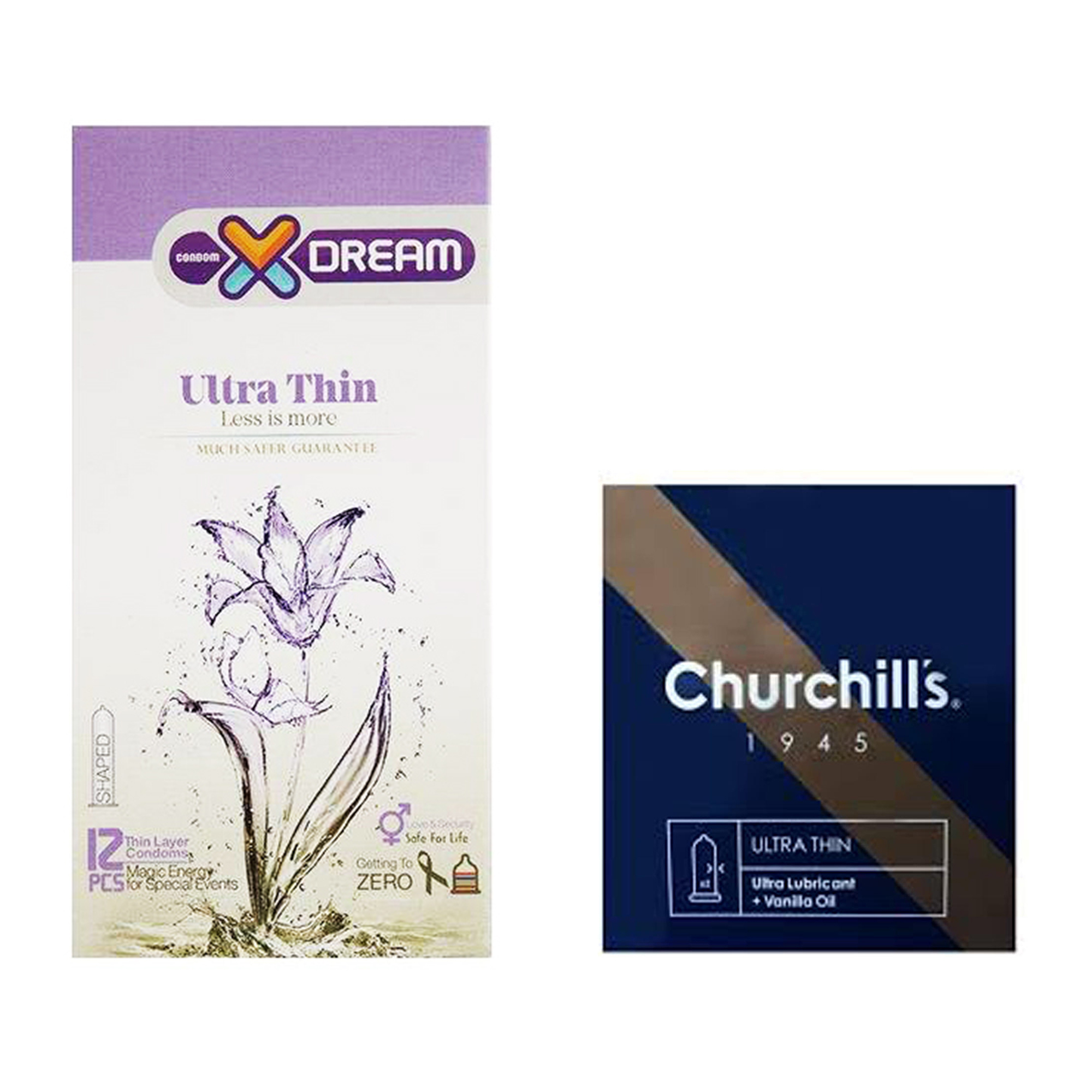 کاندوم چرچیلز مدل Ultra Thin بسته 3 عددی به همراه کاندوم ایکس دریم مدل Ultra Thin بسته 12 عددی