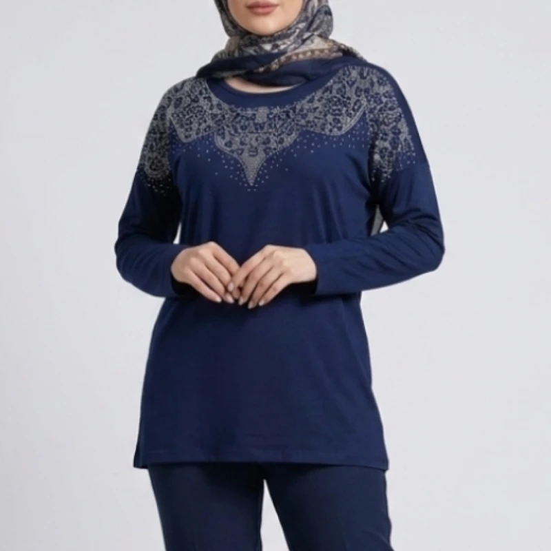 بلوز آستین بلند یقه گرد زنانه مدل 2086 با طرح نگیندار