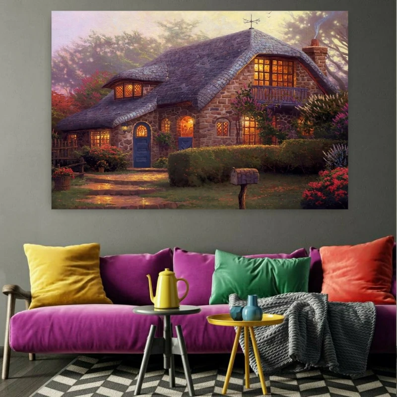 تابلو بوم طرح مخمل مدل کلبه جنگلی کد BK1150